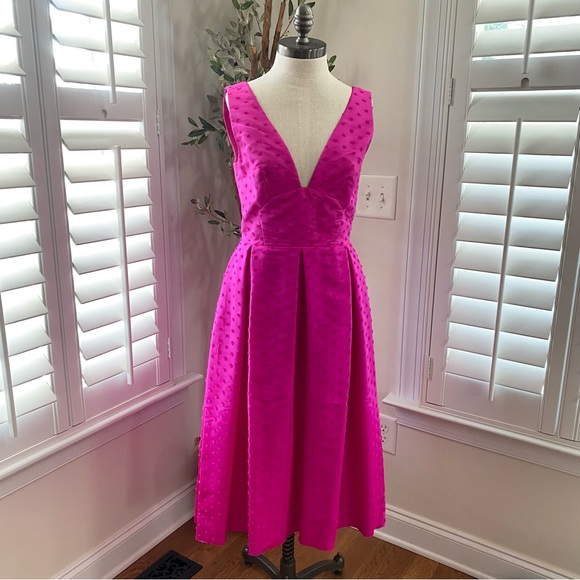 WOMAN PLEATED FLOCKED SILK-FAILLE MIDI DRESS BRIGHT PINK size 6 - Picture 12 of 13